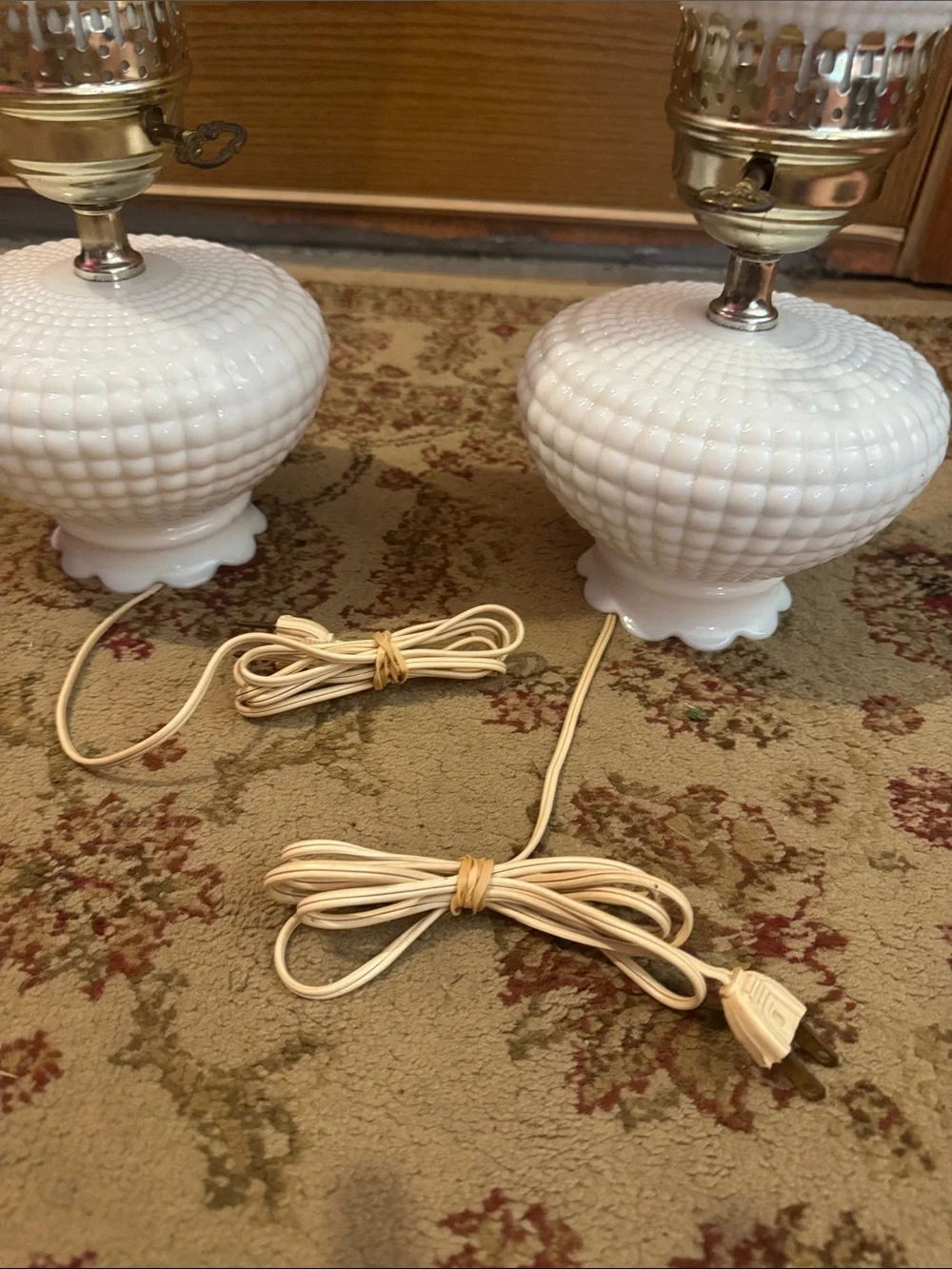VTG 50’s White Milk Glass Hobnail Pattern Lantern-Style Table Lamps, Pair 17”